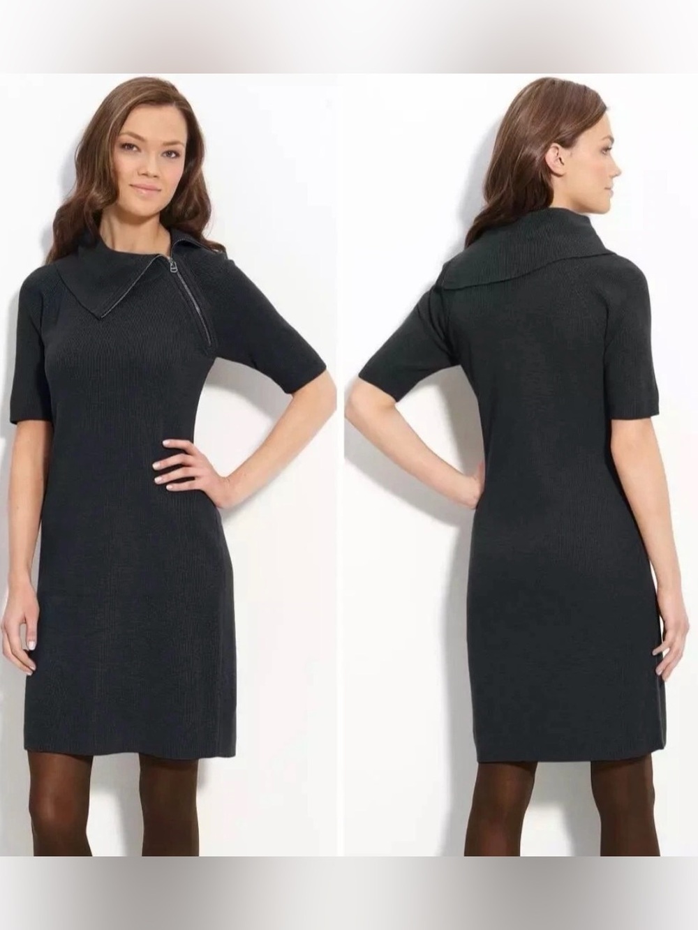 Calvin Klein Black Knit Zip-Collar Dress Sz S/M